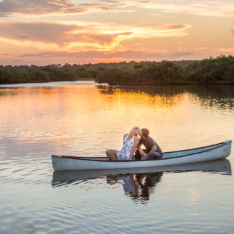 Canoe engagement photos, sunset engagement photos, new smyrna beach wedding photographer, ormond beach engagement photos