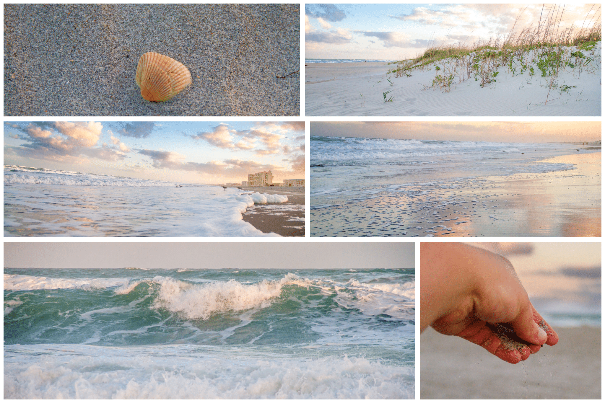 Cocoa beach collage of cocoa beach photography at sunset, waves, sand, shell and sunset