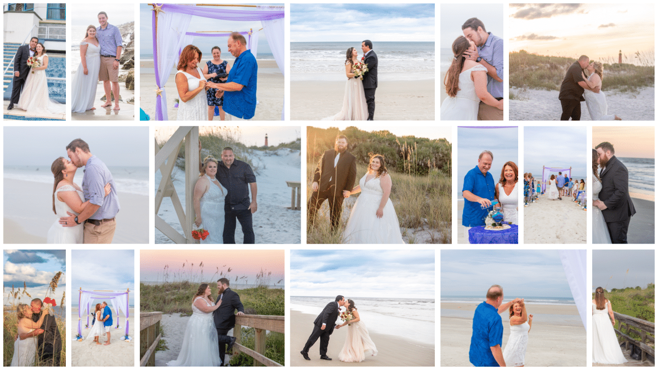 beach wedding photography collage with 18 photos of couple portraits
