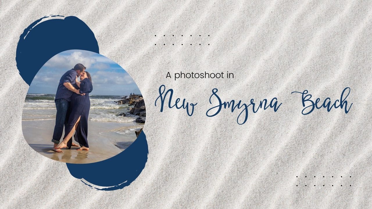 A photoshoot in New Smyrna Beach blog header with sand background and navy blue accents