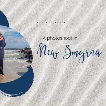 A photoshoot in New Smyrna Beach blog header with sand background and navy blue accents