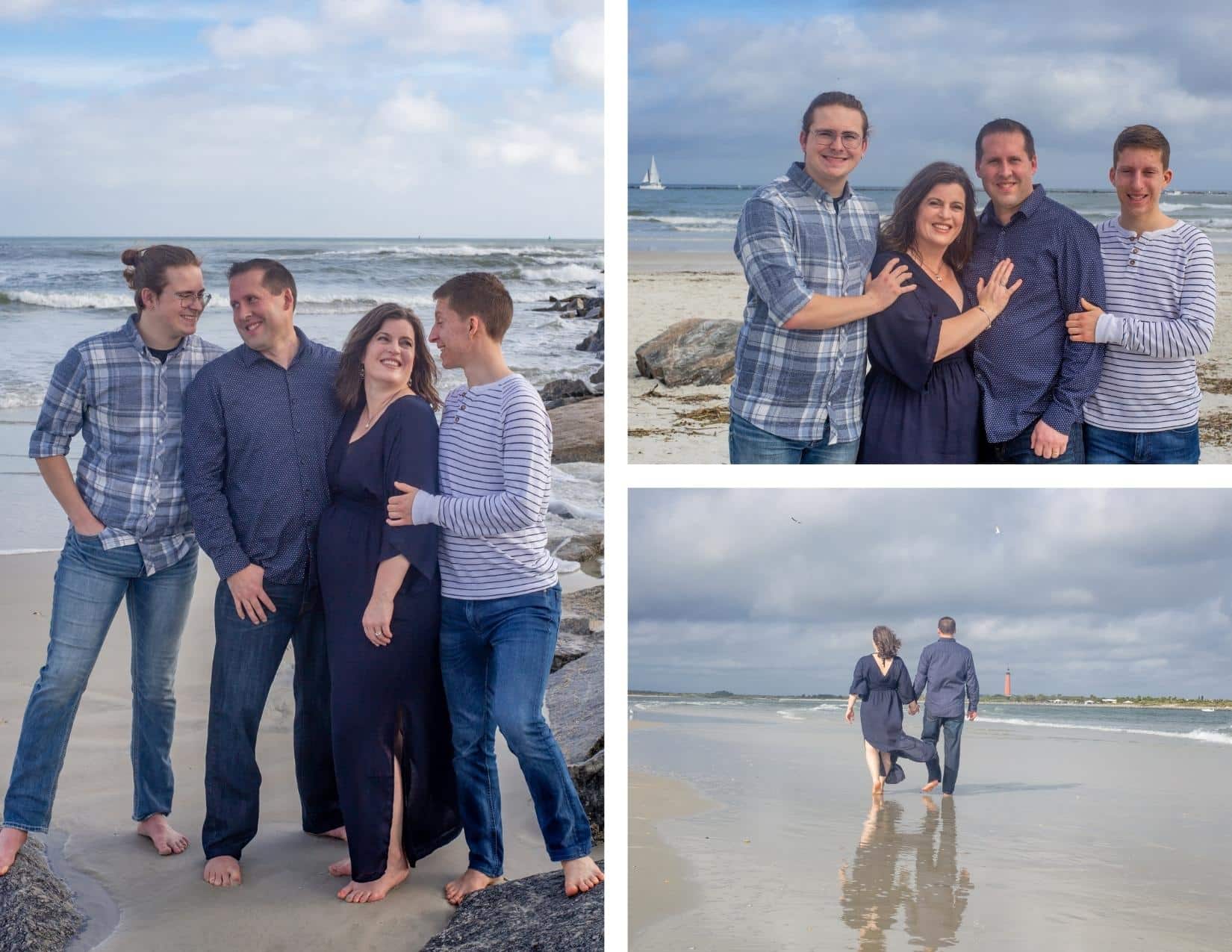 collage with three portraits of a family of 4 on the beach in new smyrna beach florida 