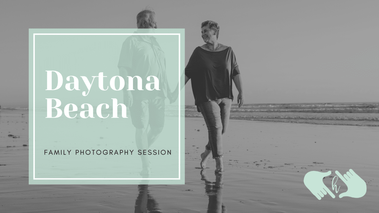 Daytona Beach family photo blog header with black and white image of a couple walking on the beach holding hands