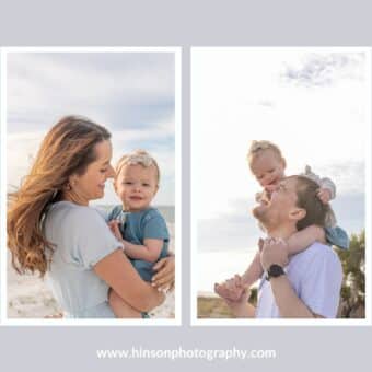 mom and dad each with their daughter on the beach in a collage.