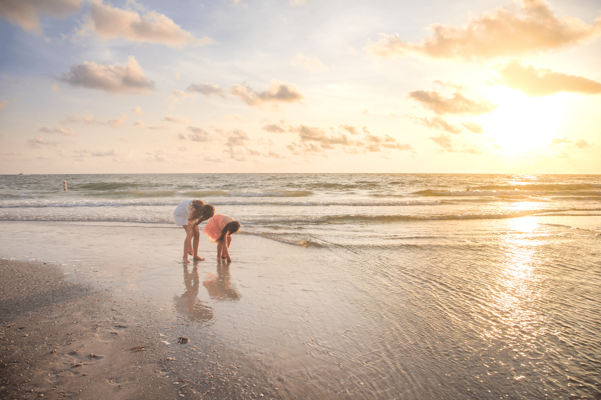 Clearwater sunset photography of two sisters finding seashells along the shore
