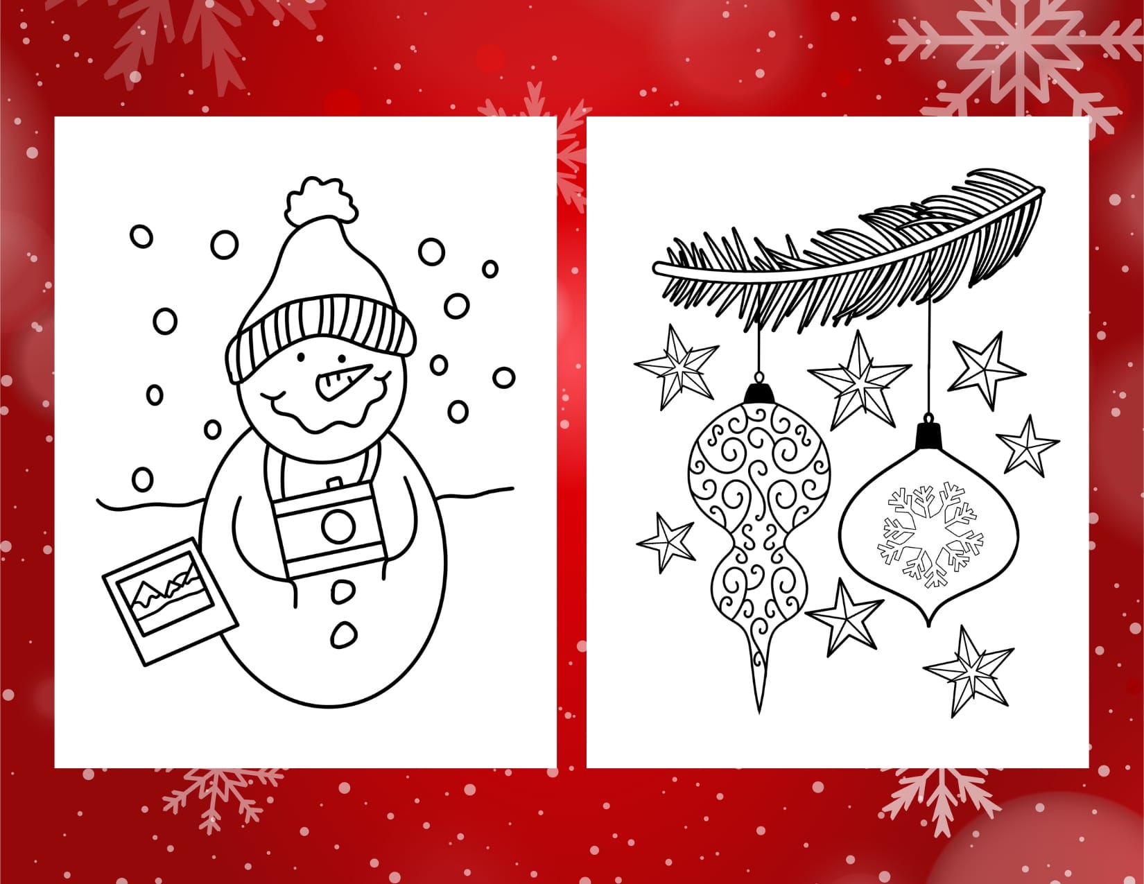 blog graphic showcasing two coloring page printables of a snow man with a camera and ornaments hanging from a tree branch