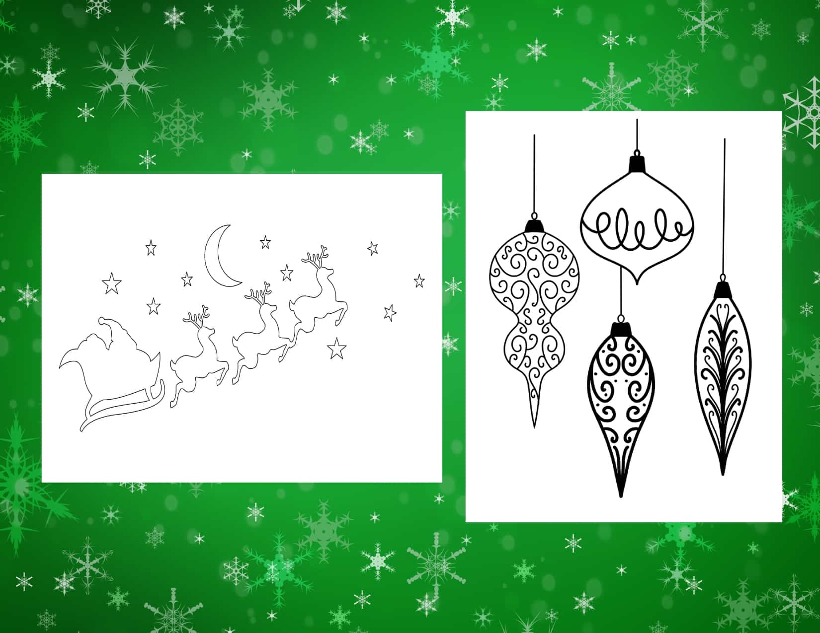Two coloring pages, one of Santa in his sleigh with reindeer and one of various Christmas ornaments