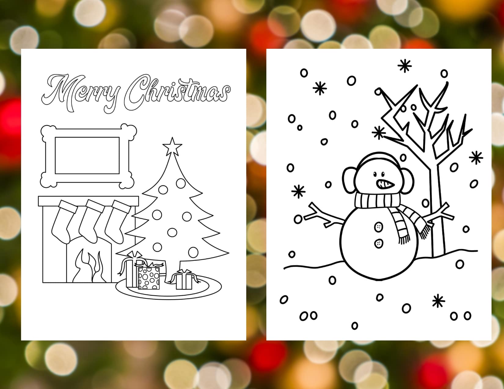 coloring pages of a snow man winter scene and one with a Christmas tree in the living room by a fireplace with presents